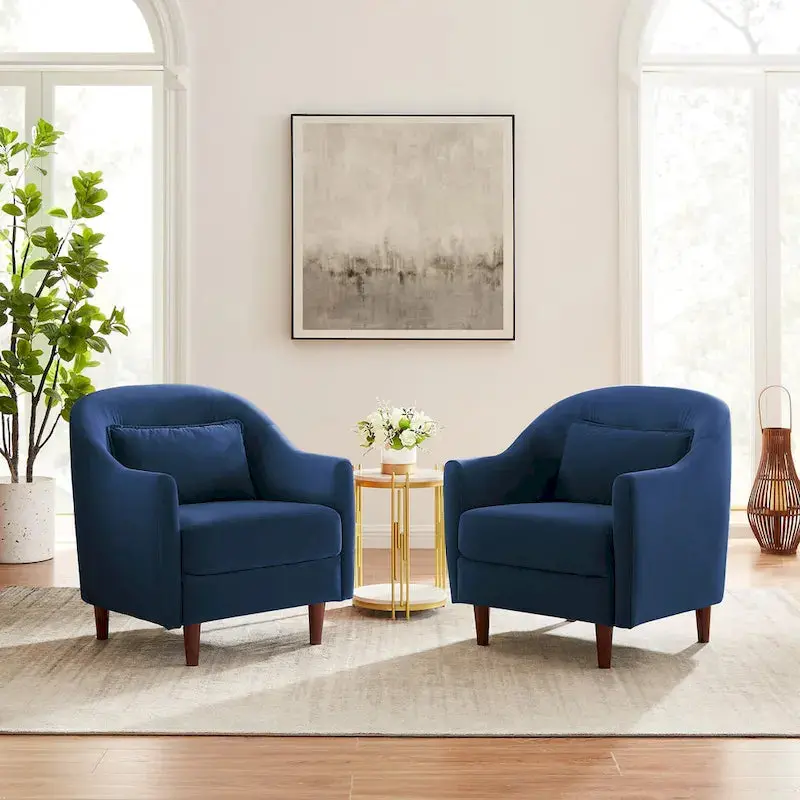 Velvet Barrel Accent Armchair Pair – Modern Two-Seat Set with Solid Wood Legs & Curved Silhouette