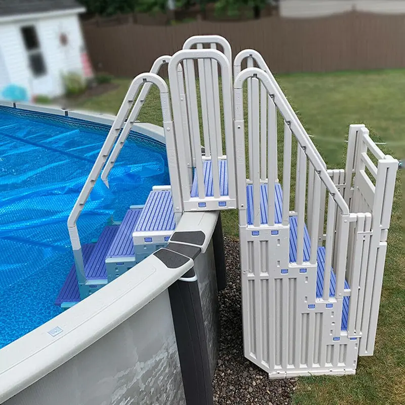 Warm Gray Above-Ground Pool System with Blue Steps and Secure Closure