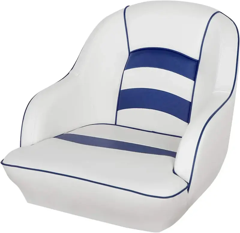 White-and-Blue Molded Plastic Pontoon Boat Seat – Durable Bucket-Style Marine Seating