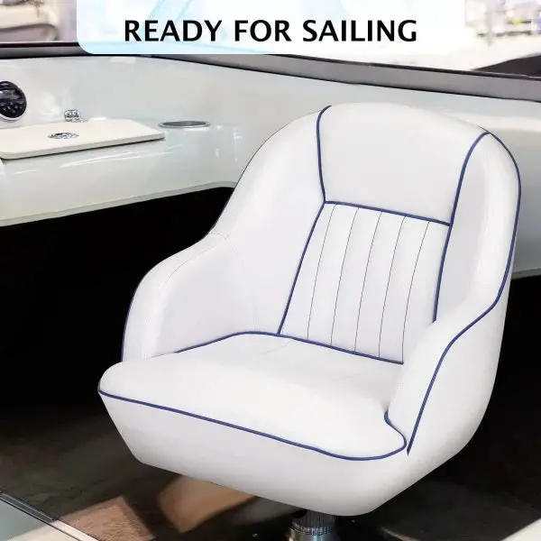 White-and-Blue Pontoon Boat Captain’s Seat — Space-Saving Fold-Back Backrest Design 2