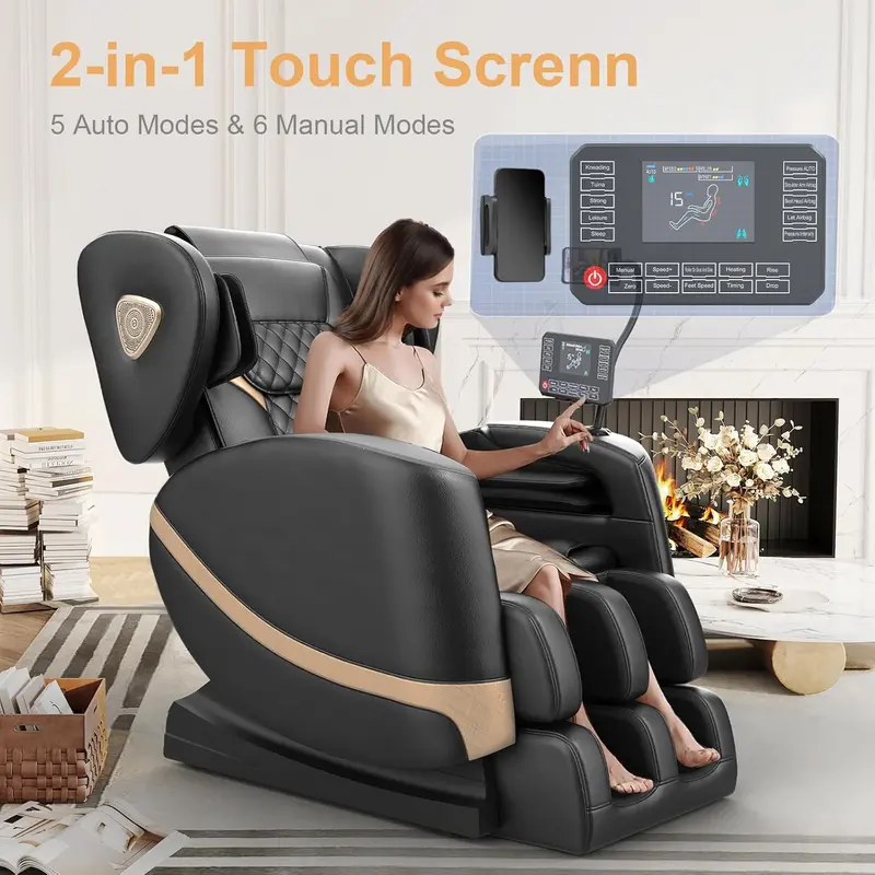 Zero-Gravity Full-Body Massage Chair – 10-Point Roller System, Heat Therapy, Foot Rollers, Bluetooth Audio & Intuitive Touchscreen Interface (Black/Brown)